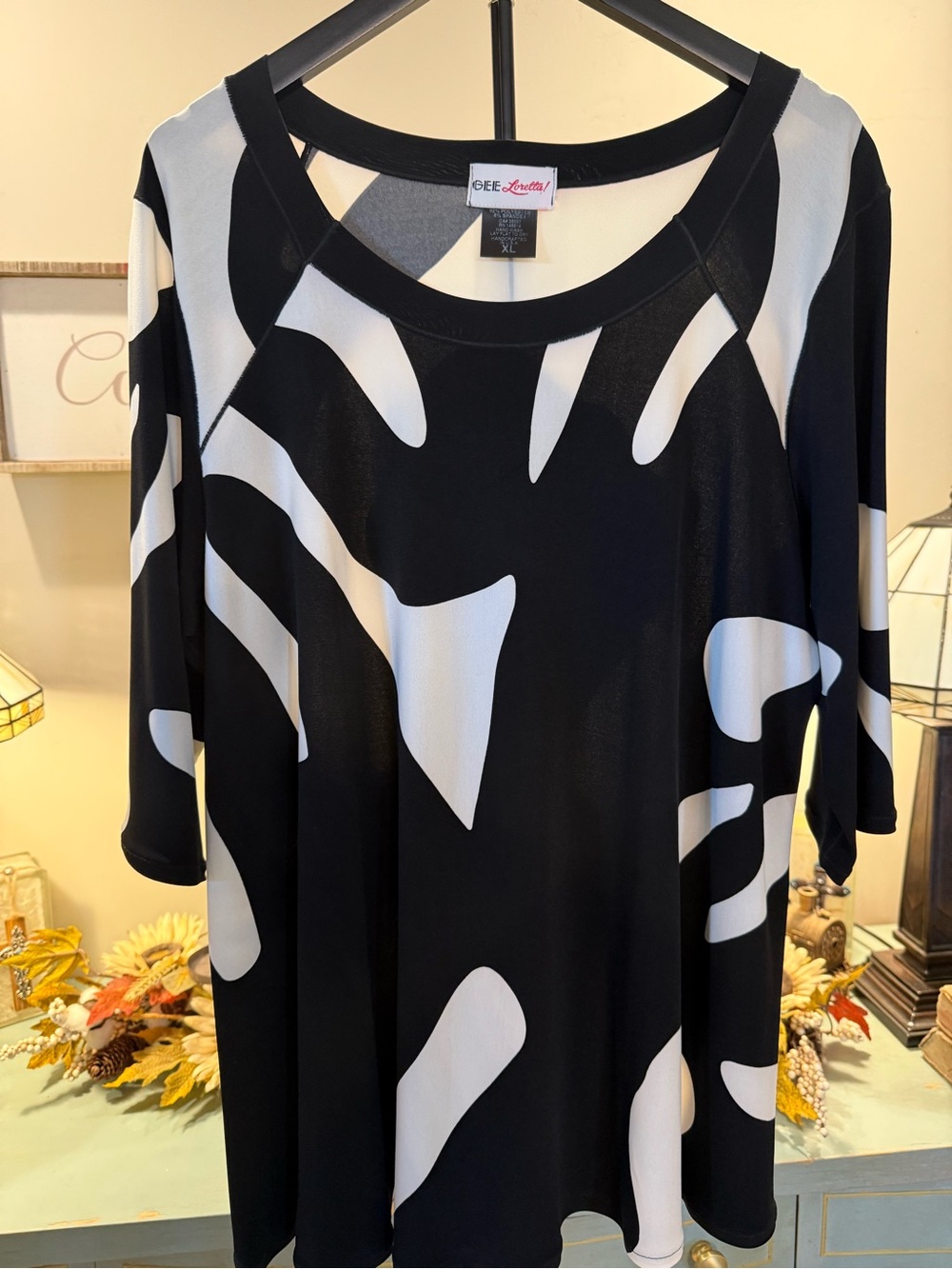 GEE Loretta Black White Abstract Print Tunic Top XL Artsy Lagenlook